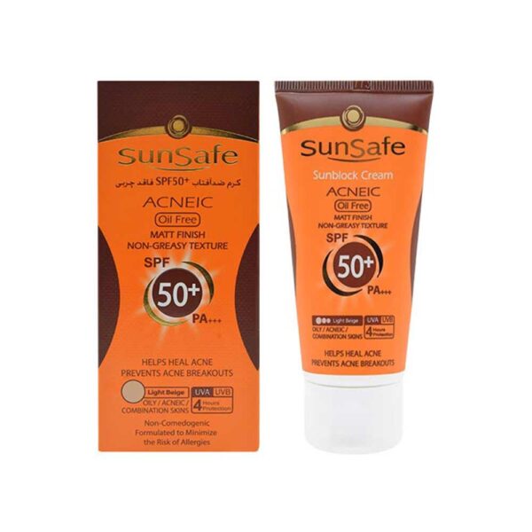 کرم ضد آفتاب SPF50 بژ روشن سان سیف مناسب پوست های چرب و آکنه ای 50ML