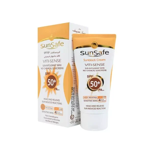 کرم ضد افتاب سان سیف SPF50 مناسب پوستهای حساس بژ طبیعی 50ML